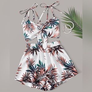 Shein Vacay Tropical Print Tie Shoulder Shorts Set